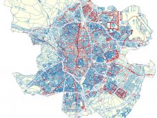 MAPA DE VELOCIDAD.
AZUL: Calles que pasarán a estar limitadas a 30 por hora. ROJO: Las que admiten una velocidad de 50 por hora; GRIS: Vías de alta ocupación como la M-30 o la M-40.